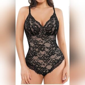 Popilush Women's Black Lace V Neck Shapewear Tummy Control Bodysuit Size XL